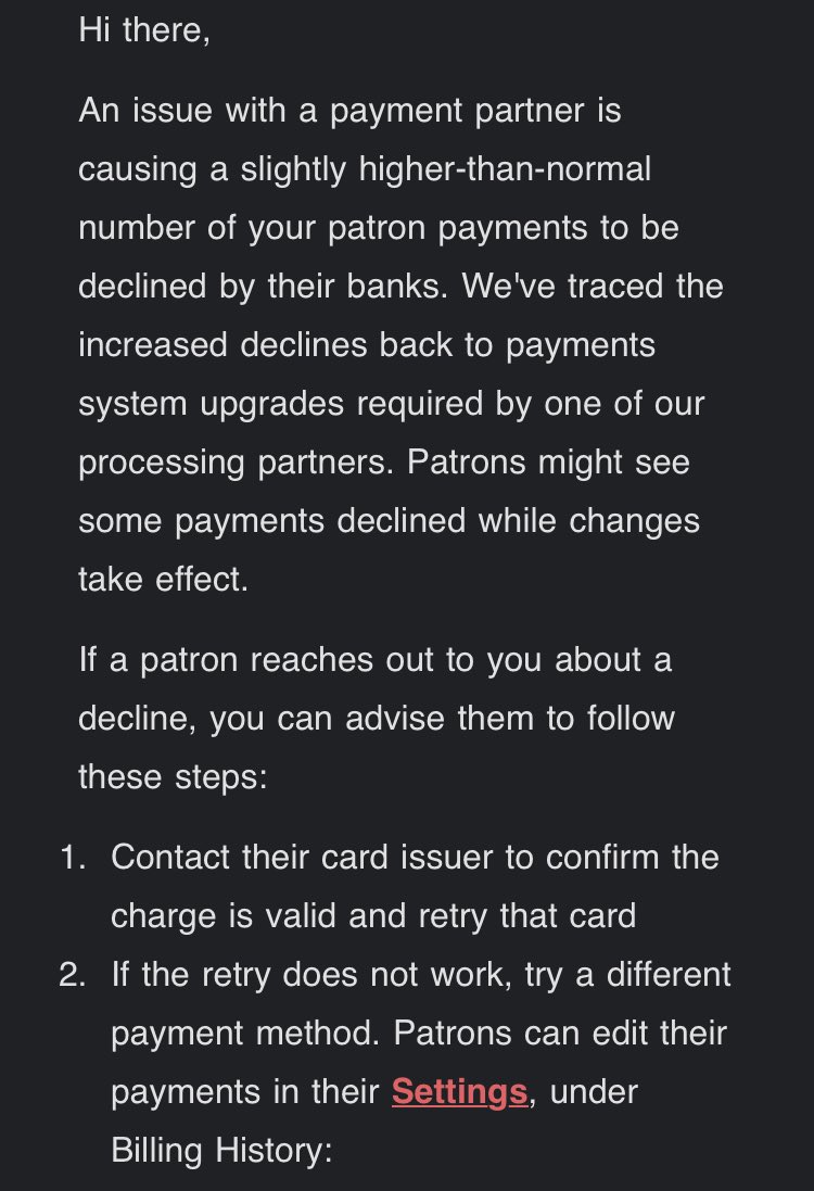 Patreon is having a problem processing payments so keep that in mind if you support artist there you may want to check if you pledge went through https://t.co/1o6cwmZoTu