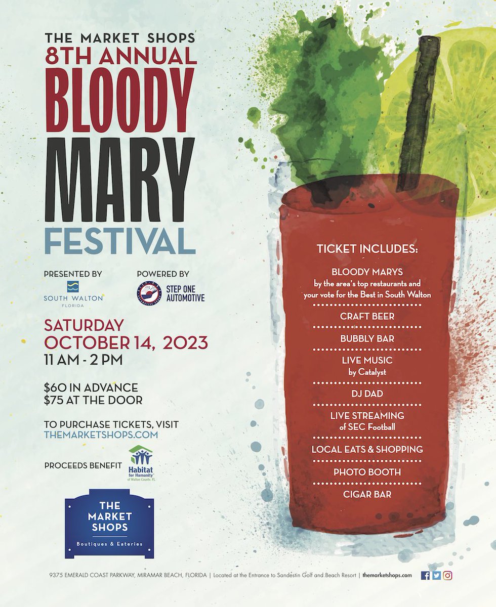 ProffittPR's tweet image. Have you heard? The Market Shops 8th Annual Bloody Mary Festival is BACK this October! Join us for unlimited bloodys made by the best restaurants, bars, and catering companies along the Emerald Coast! Click the link below and learn more 🍅  
eventbrite.com/e/the-market-s…