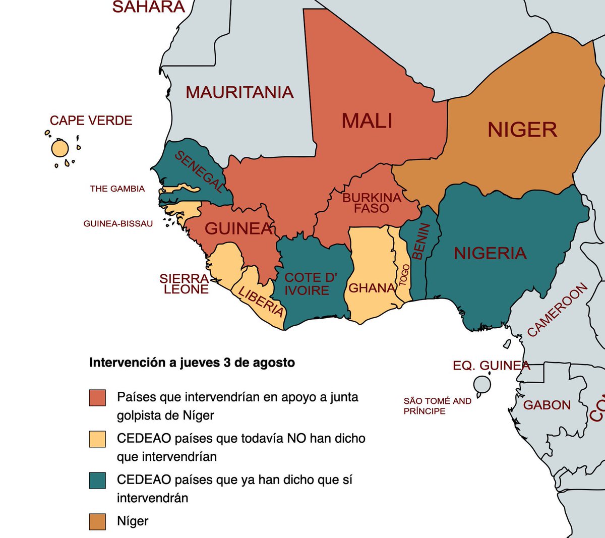 ¿Quién apoya a quién?

🇳🇪Cuatro países de la CEDEAO (ECOWAS) han confirmado ya que intervendrían militarmente en #Niger.

👇Este mapa de <a href="/AfricaMundi/">África Mundi</a> nos muestra la situación actual.