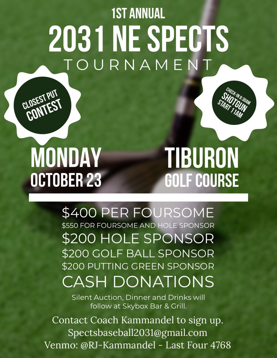 RJKammandel's tweet photo. The 2031 NE Spects would like your support as they prepare to play all over the Midwest this next season! Get your foursomes ready and hit the links. DM to sign up or if you have any questions! https://t.co/1xZPCmzzR0