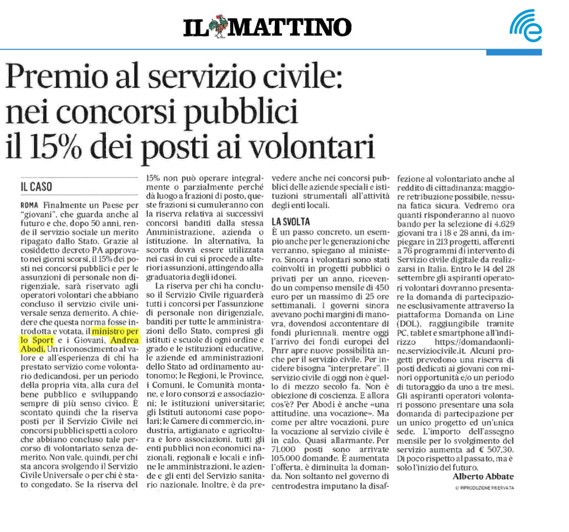 Riserva del 15% nei concorsi pubblici per i volontari del #serviziocivile  

.<a href="/andreaabodi/">Andrea Abodi</a> «È un primo segnale, un riconoscimento concreto e tangibile a beneficio di ragazze e ragazzi che servono pacificamente la Patria».