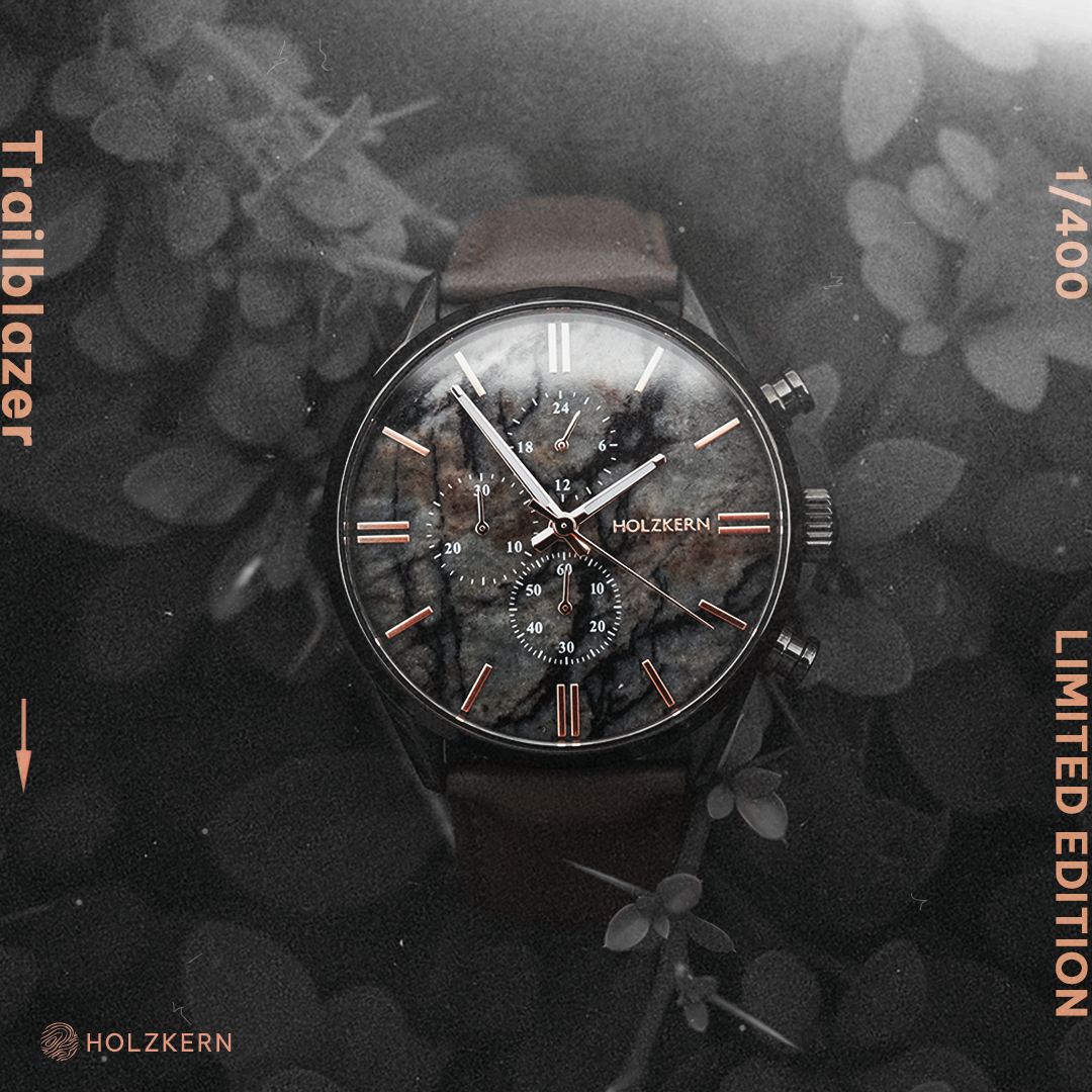 Only 400 pieces available! 🔥 Holzkern Limited Edition with genuine grey marble dial! world.holzkern.com/en_world/blog/… ⌚Engraved serial number ⏱️Integrated stop function ⌚Genuine leather bracelet ✨Luminescent hands (they glow in the dark)