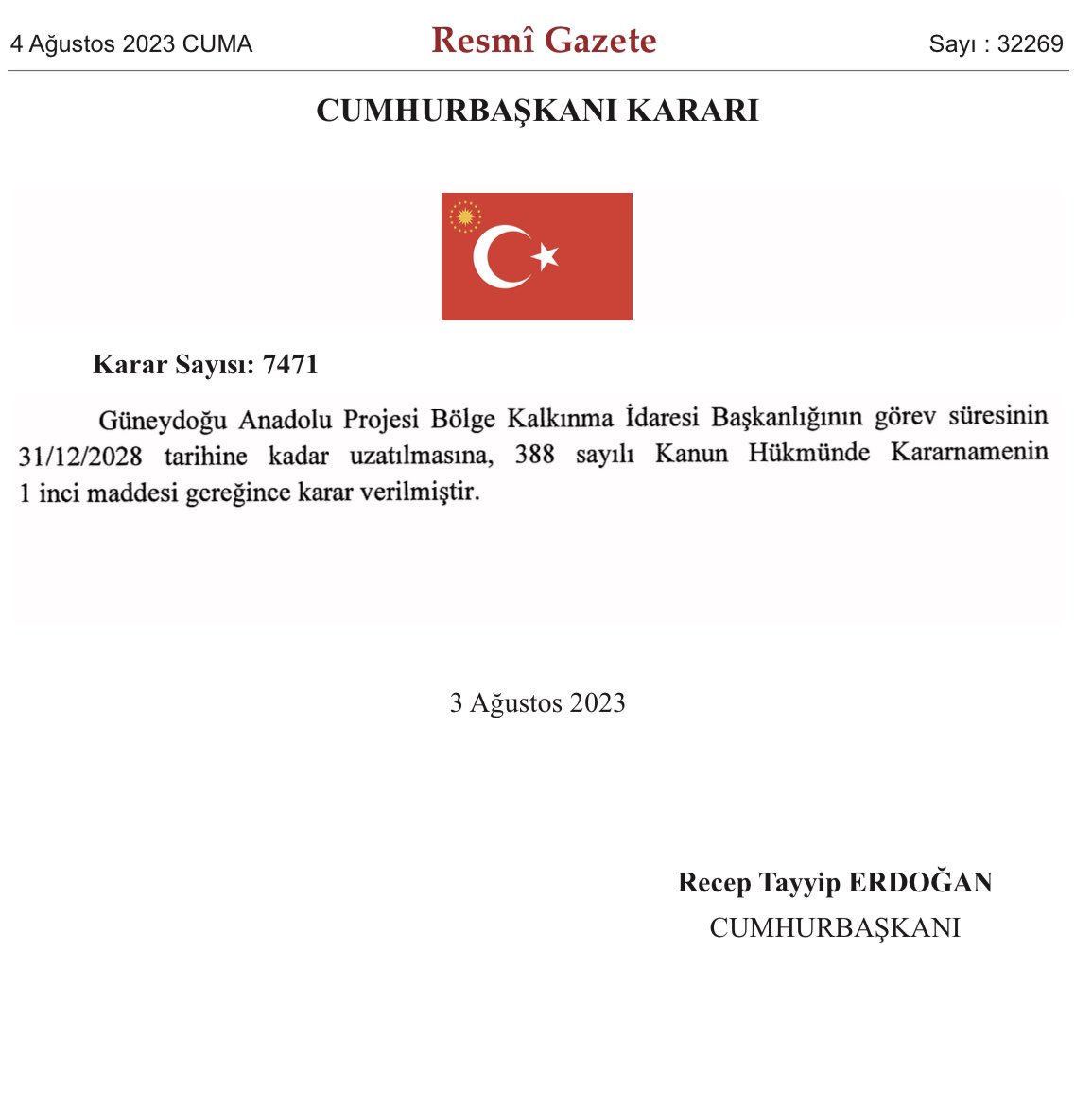 Sayın Cumhurbaşkanımız @RTErdogan’ın takdirleriyle, Güneydoğu Anadolu Projesi (GAP) Bölge Kalkınma İdaresi Başkanlığının görev süresi 31 Aralık 2028’e kadar uzatıldı. GAP Bölgesinin kalkınmasını daha da hızlandıracağız. 🇹🇷