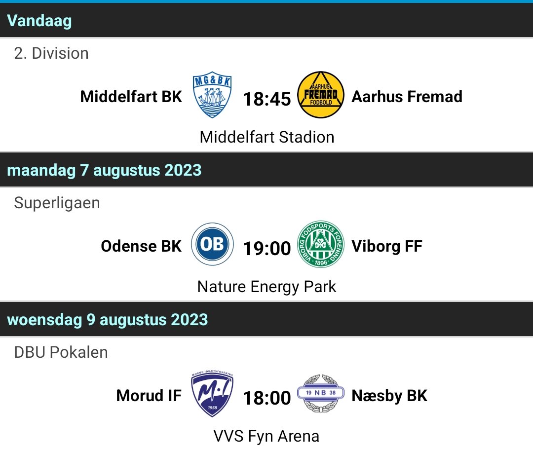 Als alles volgens plan gaat deze week drie wedstrijden in 🇩🇰! Al is de officiële naam van de thuisspelende club van woensdag Morud/Veflinge en niet Morud IF. Kunnen jullie dat veranderen <a href="/FutbologyBENL/">Futbology 🇧🇪 🇳🇱</a>?
