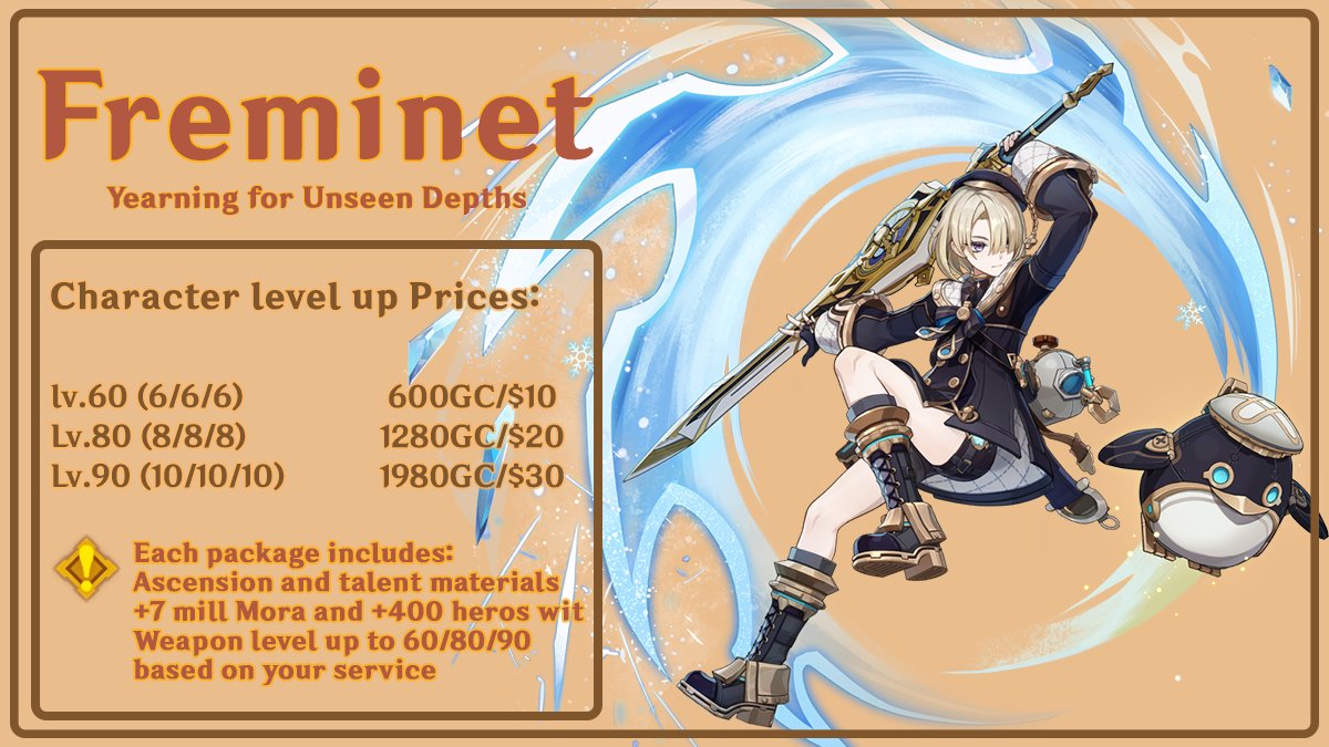 Melipiloting's tweet photo. 🔶Lyney, Lynette, Freminet and Hydro traveler character farming piloting services available

50% off for preorders (available until the last day of v3.8)

💠Please dm me or fill my google form for placing orders or asking questions https://t.co/dT2VebGdRC