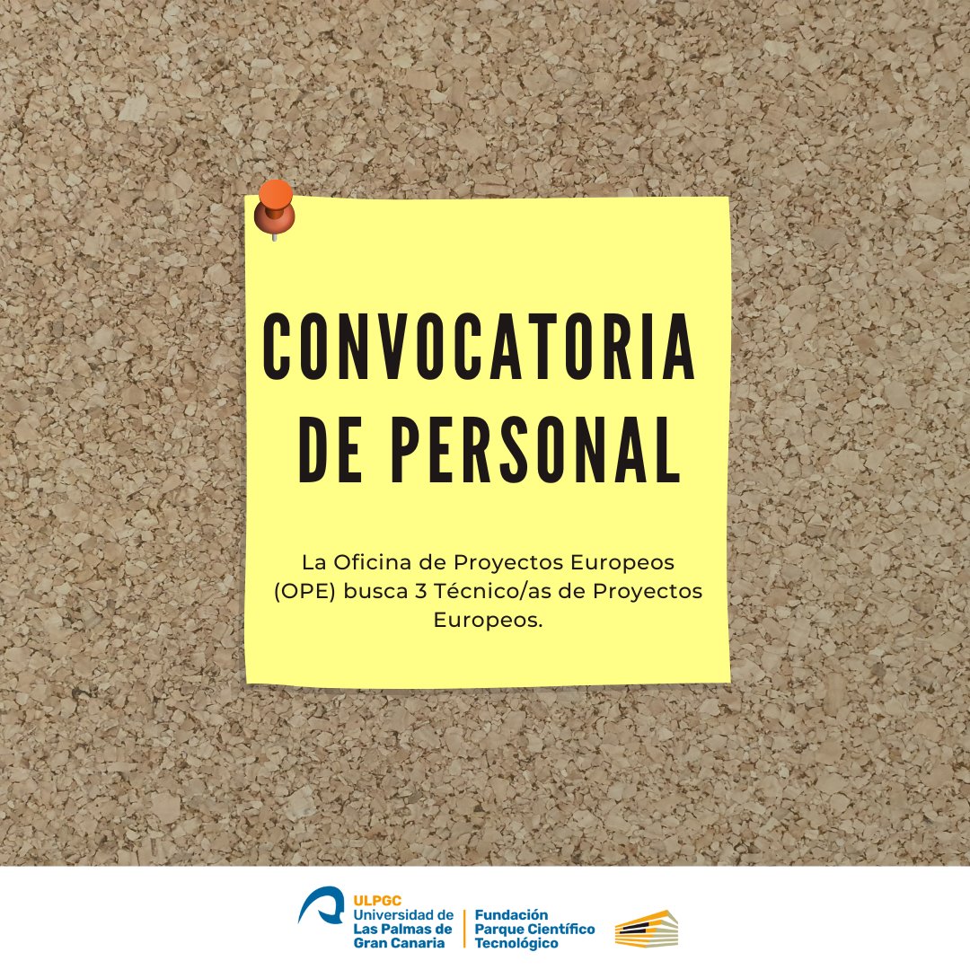 ¿Tienes experiencia en promoción y gestión de Proyectos Europeos de investigación? Estamos buscando 3 Técnicos.👩🏻‍💼👨🏼‍💼

Actualmente tenemos abiertas dos convocatorias. Infórmate en nuestra página web⬇️
fpctserver.upe.ulpgc.es/convocatorias/… 
#ULPGC #ofertatrabajo #empleo #ofertasdeempleo #oferta
