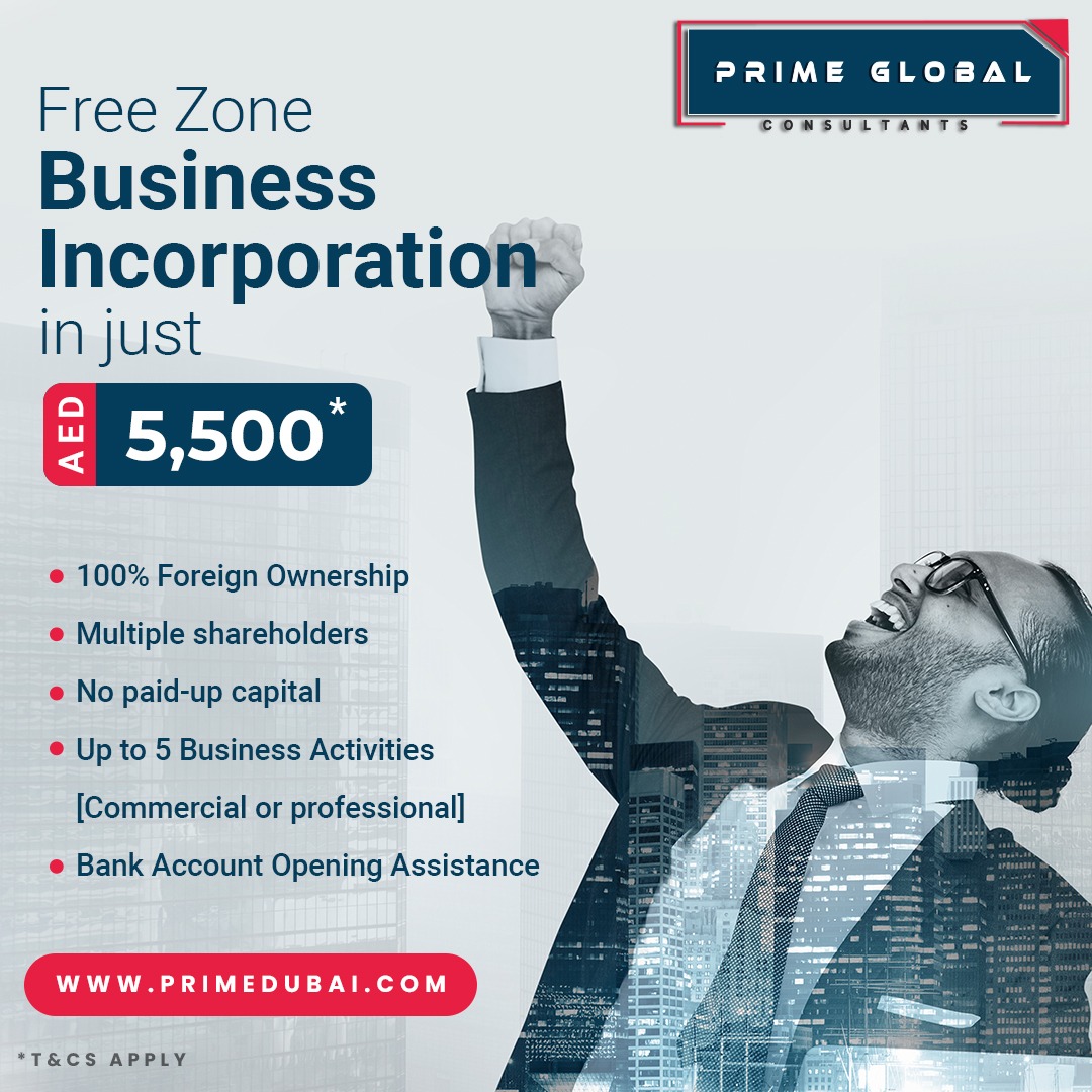 Incorporate your dream business hassle-free with Prime Global Consultants! With our expert assistance, get up to 5 business activities for commercial or professional purposes. 

#FreeZoneIncorporation #BusinessSetupMadeEasy #ForeignOwnership #BankAccountAssistance