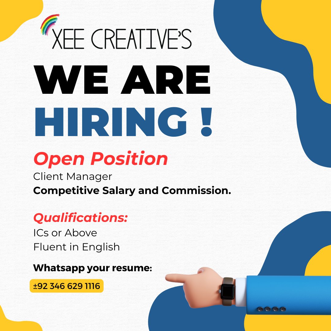 XeeCreatives's tweet photo. Xee Creative's we are hiring who is fluent in English and has experience dealing with clients. Competitive Salary and commission.
Contact Us: 0346-6291116
#earnmoney #freelancing #earnonline #onlineincome #lalamusa #gujrat #fluentenglish #pakistan #job #jobs #jobseekers https://t.co/thhWtmPT2D