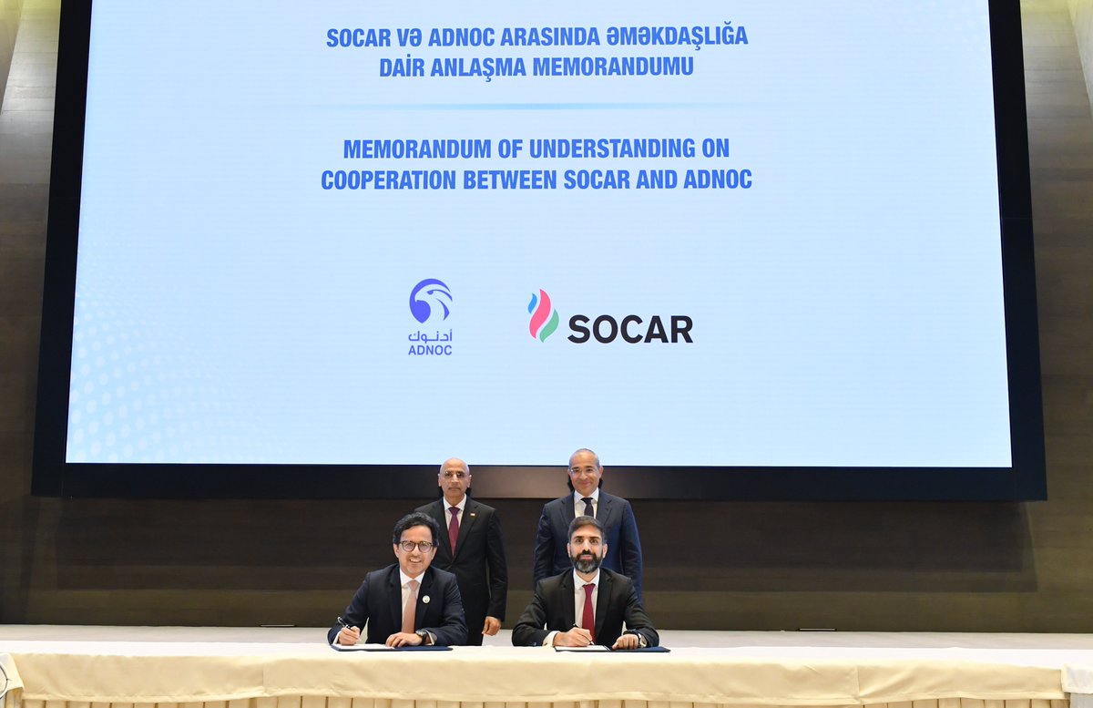MikayilJabbarov's tweet photo. The #Memorandum of Understanding (MoU) was signed between SOCAR (@SOCARofficial) and the UAE’s ADNOC (@ADNOCGroup). As per the MoU, SOCAR will participate in production projects undertaken in Abu Dhabi, and ADNOC will extend its support to facilitate this cooperation. Within this framework, the parties will commit to expanding collaboration in the fields of renewable #energy and low carbon solutions.

#EconomyAz