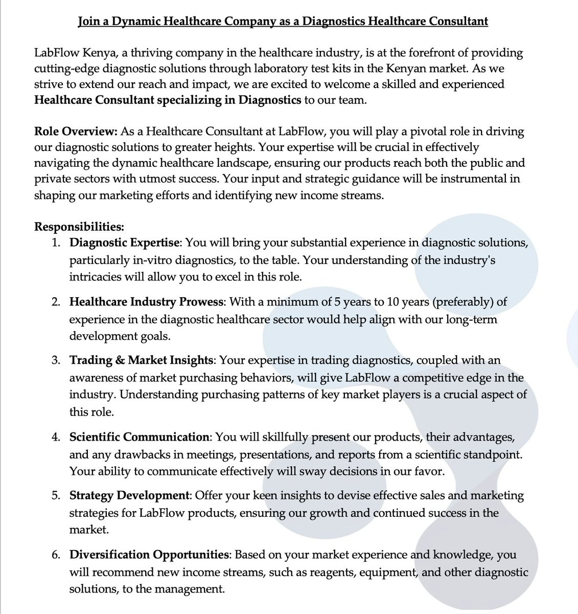 labflow_ltd's tweet photo. Job Opportunity!!

Application Deadline : 31st August 2023, 6:00pm EAT

LabFlow is seeking a talented and experienced Consultant with a specialization in Diagnostics to join our team. As a Diagnostics Specialist, you will play a vital role in expanding our market presence. https://t.co/mPpxXcxnai
