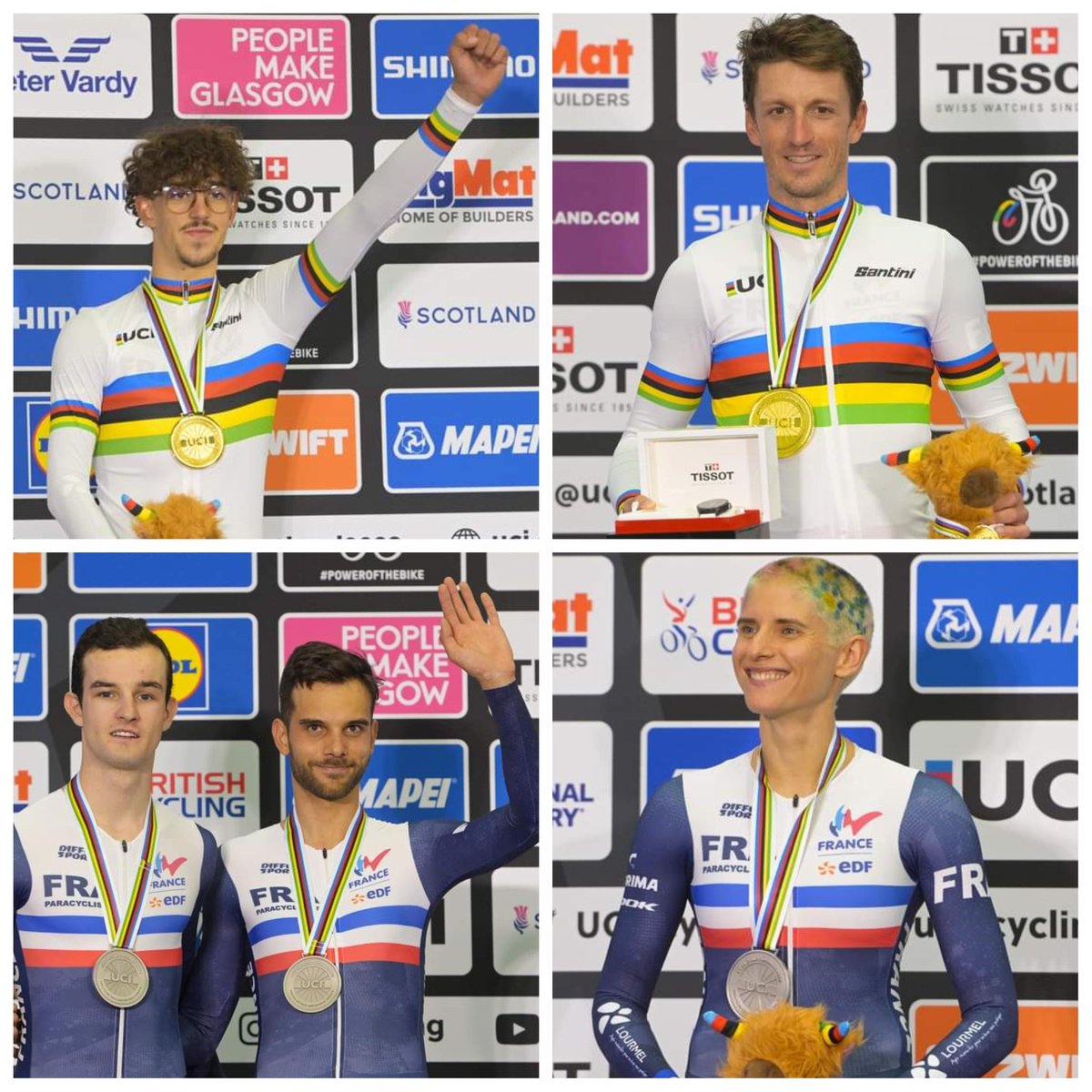 🚴 #Cyclisme 🚴 Champ. du monde sur piste
📅 2-9 août 📍Glasgow #Ecosse 🏴󠁧󠁢󠁳󠁣󠁴󠁿

1ère journée - 4 médailles
🥇 Alexandre Léauté - Poursuite 
🥇 Kevin Le Cunff -
Poursuite
🥈 Alexandre Lloveras &amp; Louis Pijourlet - Poursuite
🥈 Marie Patouillet - 500 mètres

<a href="/Sports_gouv/">Ministère des Sports 🇫🇷</a> <a href="/auroreberge/">Aurore Bergé</a>