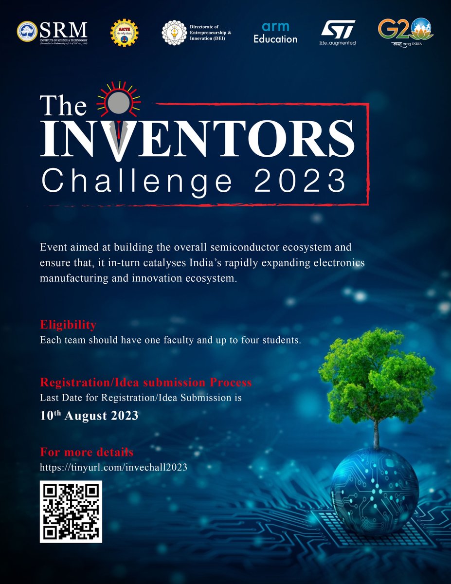 SRM_DEI's tweet image. The Inventors Challenge 2023 
The Inventors Challenge 2023 themes will focus on G20 and Sustainability goals.
Register Here: lnkd.in/gvzBSAK5 
The deadline for idea submission is August 10, 2023.
#srmist #aicte #moe #innovation #challenge #contest #manufacturing #G20