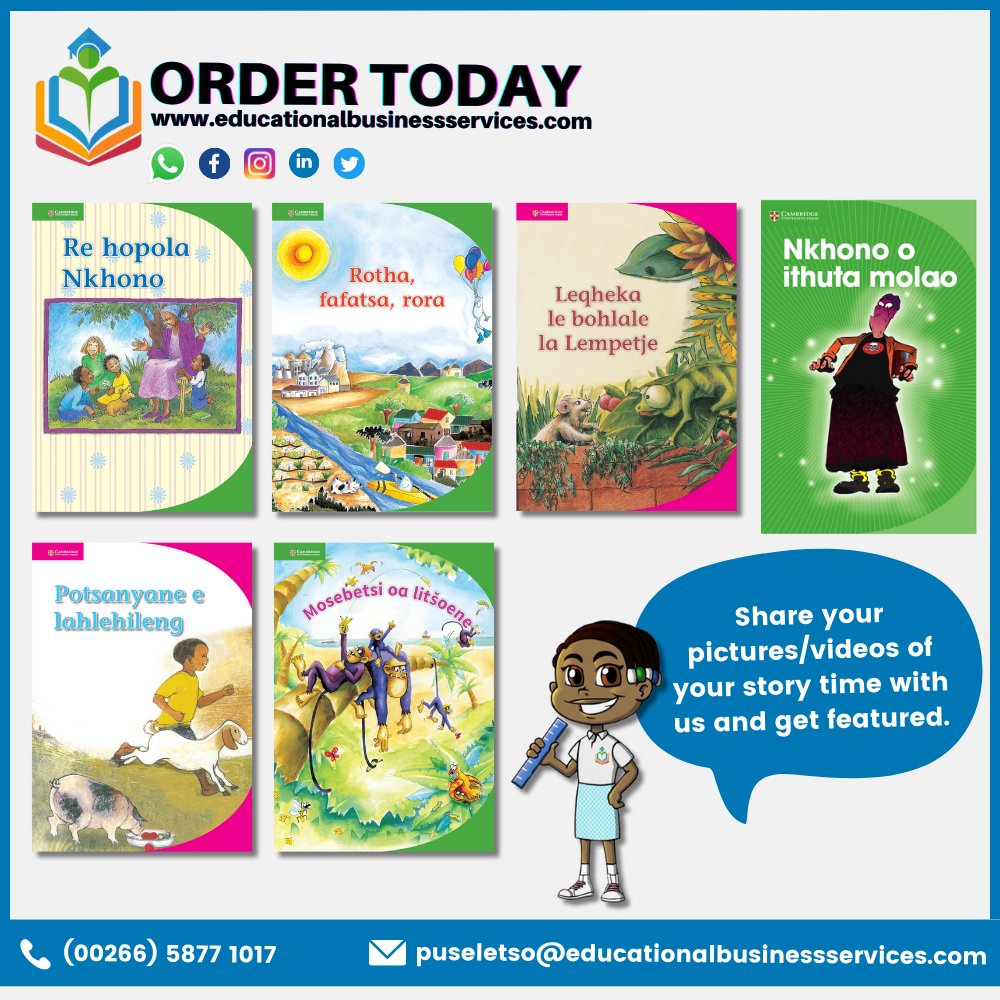 Expose your children to rich Sesotho vocabulary with our Cambridge University Press Sesotho readers.

Get yours today by ordering on Whatsapp +26658771017 or send an email to puseletso@educationalbusinessservices.com

educationalbusinessservices.com
#LsTwitter #Cambridge