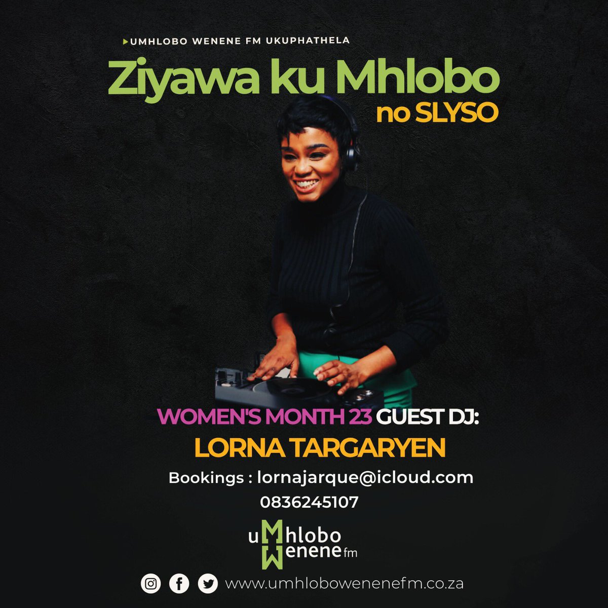 Slyso's tweet photo. We kick our “Women’s Month Guest List” with @LornaMbenge live in the studio on Saturday, 8:30pm with @Slyso only @UWFM88_106FM DStv-818 https://t.co/gACCoQJYFH
#womensmonth 
#slysoradiobonds
#umhlobowenenefm https://t.co/CTFoaok2vY