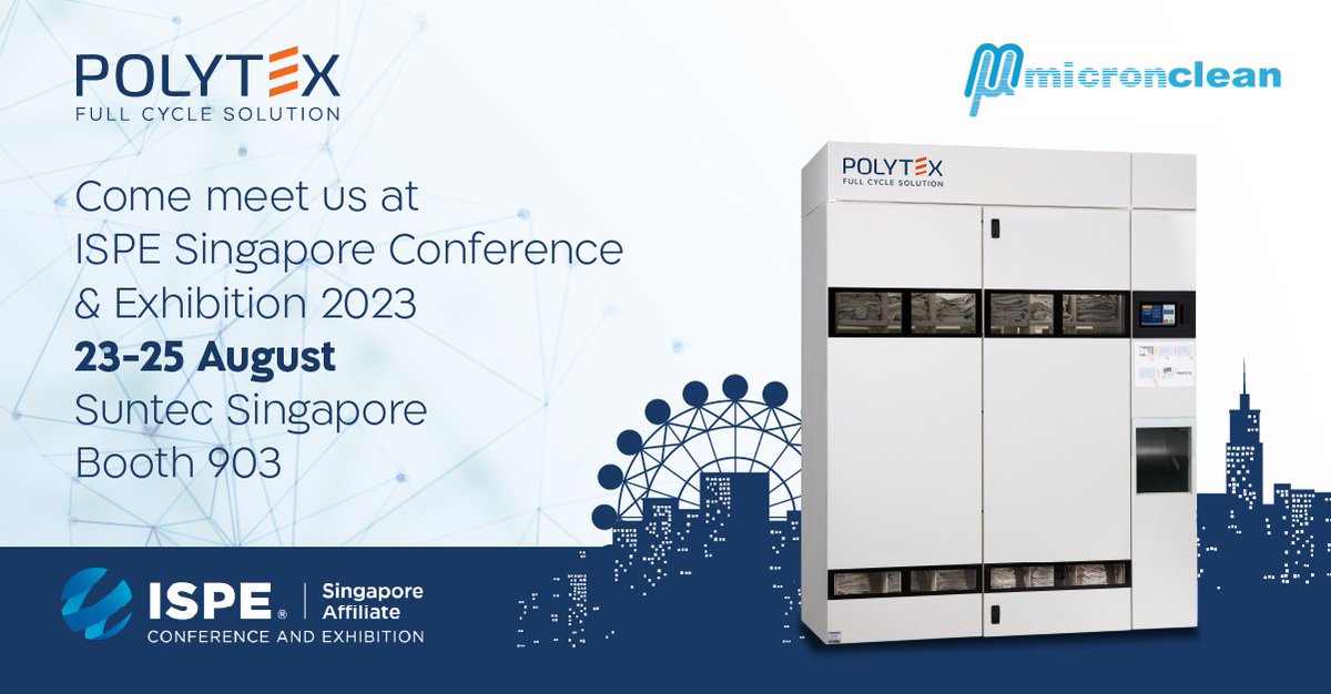 Coming up!

On 23 - 25 August we’ll be presenting with our partners Micronclean Singapore at the ISPE Singapore Conference & Exhibition 2023 located at Suntec Singapore.

We invite you to booth 903 to meet team Polytex!