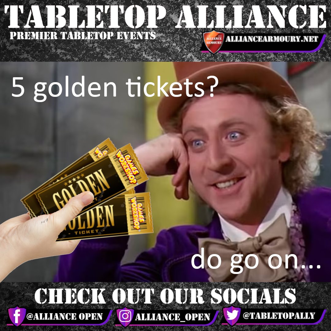 AllianceOpen (@tabletopally) on Twitter photo 🎵 I've got a golden ticket. I've got a golden twinkle✨ in my eye. 🎶
We're looking at 5 shiny golden up for grabs during the Alliance Open team championship for age of sigmar. 
Get tickets to the AOTC for AoS here
-> alliancearmoury.net/p/event-e-tick… 🎵 I've got a golden ticket. I've got a golden twinkle✨ in my eye. 🎶
We're looking at 5 shiny golden up for grabs during the Alliance Open team championship for age of sigmar. 
Get tickets to the AOTC for AoS here
-> alliancearmoury.net/p/event-e-tick…
