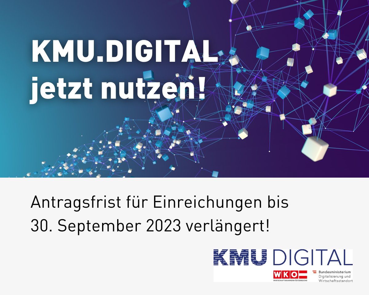 WKOe's tweet photo. 🚨 Verlängerung der Antragsfrist für Einreichungen im Rahmen der #Digitalisierungsoffensive KMU DIGITAL❗️
🗓️ Jetzt neu fördert #KMUDIGITAL noch bis 30. September 2023 individuelle Beratungen österreichischer #KMU durch zertifizierte Expert:innen.
🧵1/3 https://t.co/2szaHriedZ