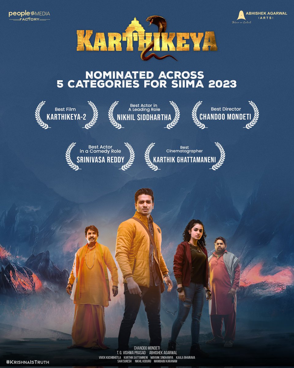 #Karthikeya2 gets nominated across 5 categories, including the 'Best Film' at @siima 2023 ❤‍🔥 Vote for your favourites now! - siima.in/Voting/ #SIIMA2023 @actor_Nikhil @anupamahere @AnupamPKher @chandoomondeti @peoplemediafcy @AbhishekOfficl @kaalabhairava7
