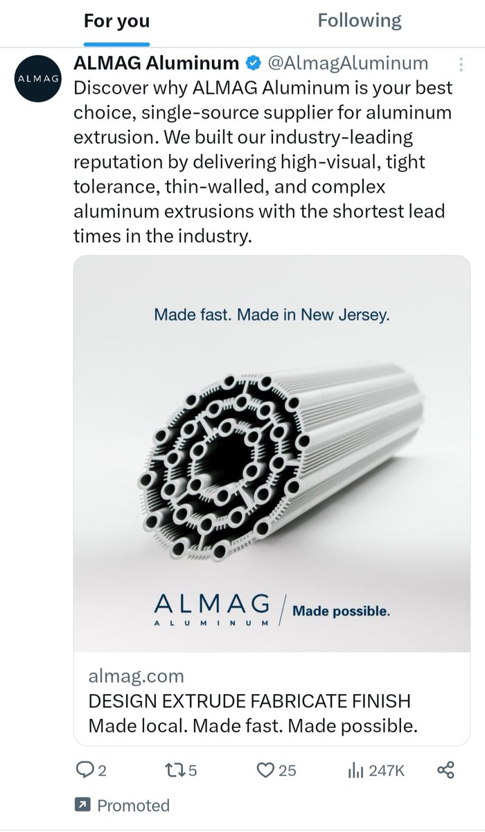 Twitter is finally getting this ad thing right, I was telling my wife I was in the market for some tight tolerance, thin-walled aluminum extrusions manufactured in my home state and this popped up.