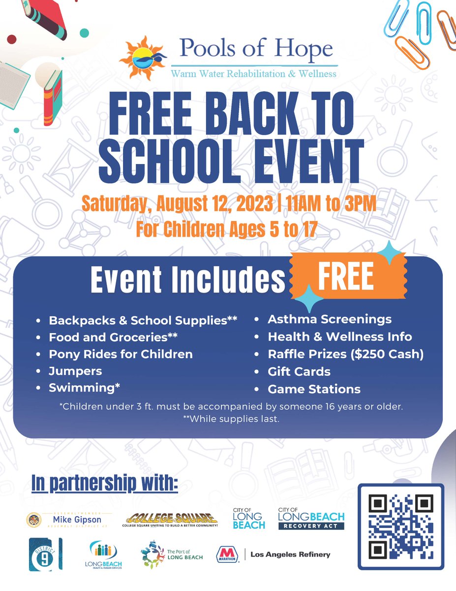 LBPublicWorks's tweet photo. Open to the public! Pools of Hope will host a Back-to-School Event/Food Distribution! 

When: Sat., August 12th 
Time: 11:00 am – 3:00 pm 
Where: Pools of Hope 
Address: 6801 Long Beach Blvd, @longbeachcity  CA 90805 

Please share to those who may be interested! @LBHealthDept https://t.co/EpJ83qeqKn