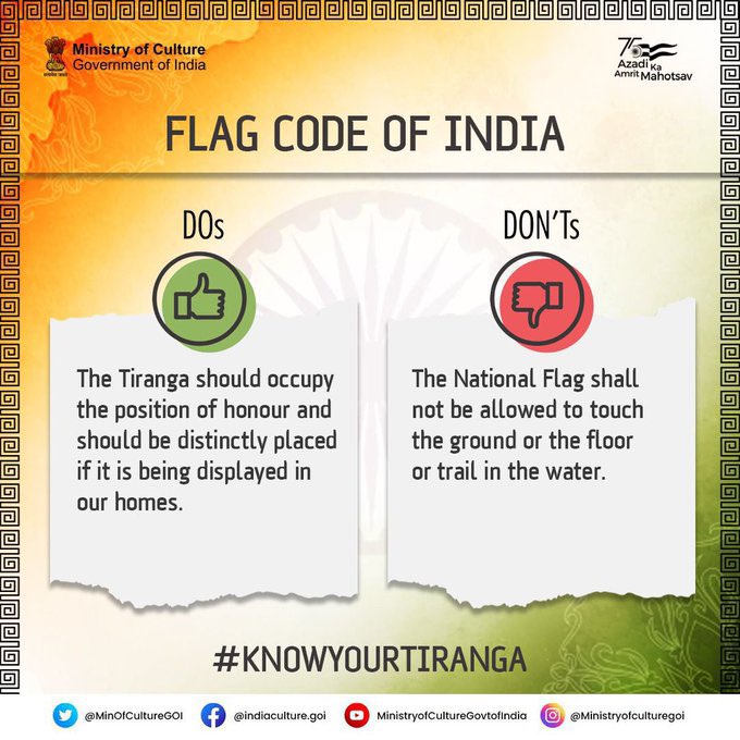 indembcam's tweet image. Provisions of #Flagcode Of India🇮🇳

 For more details please check mha.gov.in/sites/default/……

@MEAIndia @IndianDiplomacy @AmritMahotsav