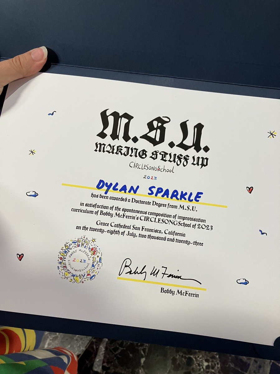dylansparkle's tweet photo. Graduated with a doctorate from the Bobby McFerrin CircleSong School of Making Stuff Up https://t.co/R77oXJvZpZ