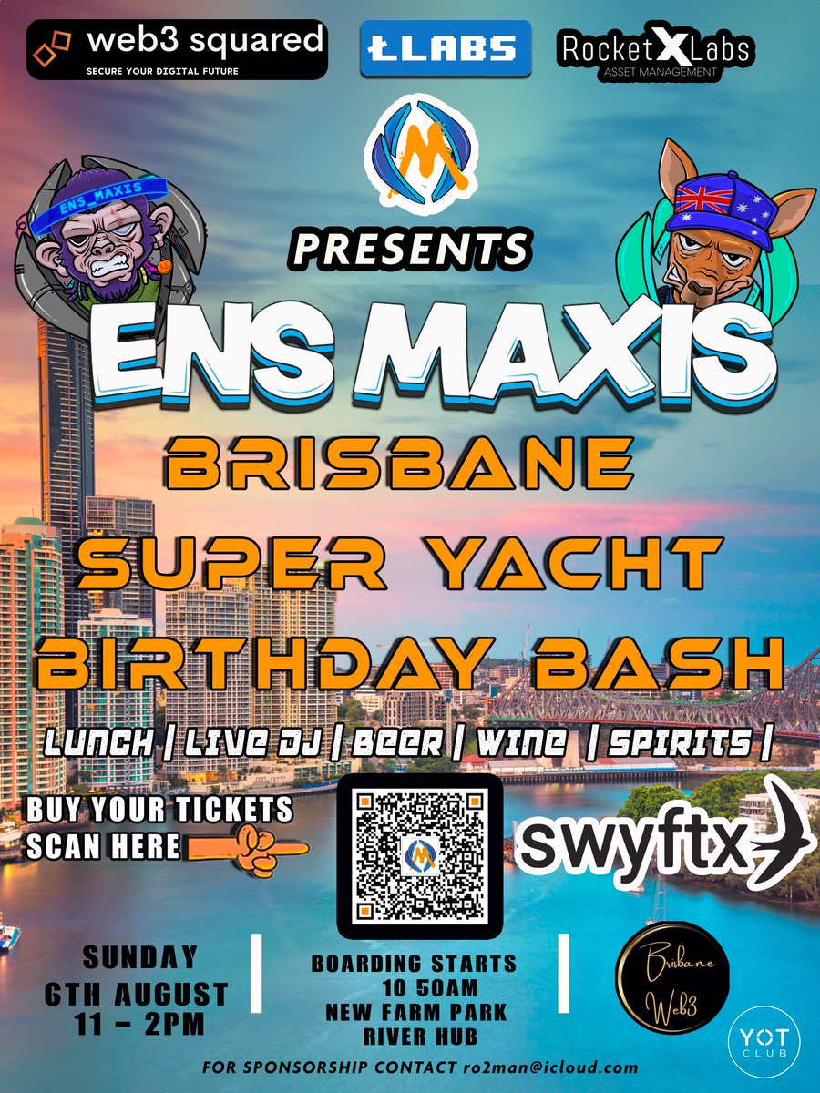 zippa_eth's tweet photo. Yo Aussies from Brisbane. Last chance to get tickets on our Superyacht #web3 event this Sunday 6th August. We down to our last 10 tickets. ***HMU for a discount on group bookings. Great giveaways. #ensmaxis @garyvee weekend. https://t.co/NPuS2i77bp