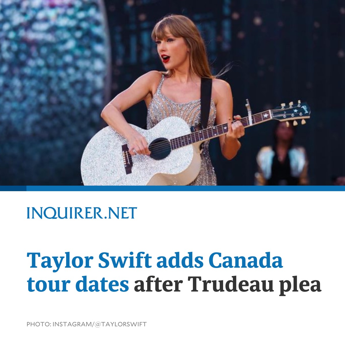 inquirerdotnet's tweet photo. TAYLOR SWIFT IS COMING TO CANADA! 🇨🇦💜

Award-winning singer-songwriter Taylor Swift seems to have listened to Prime Minister Justin Trudeau's plea as she announces more stops to her tour in the U.S. and Canada.

"Turns out it's NOT the end of an era," writes Swift. https://t.co/aid9jyAlPh