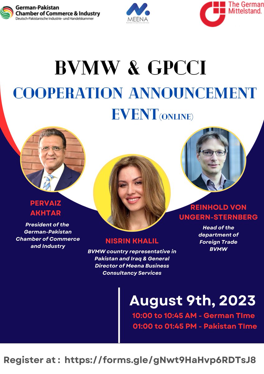 Meena_BSC's tweet photo. 🌟 BVMW &amp; GPCCI - Cooperation Announcement Event (Online) - Insightful Discussion 🌟

📅 Date: August 09, 2023
⏰ Time: 10:00 to 10:45 AM (German Time) – 01:00 to 01:45 PM (Pakistan Time)
📝 Secure your spot at this enriching event by registering at: https://t.co/WLnhW0H233 https://t.co/RGCd3UDIIr