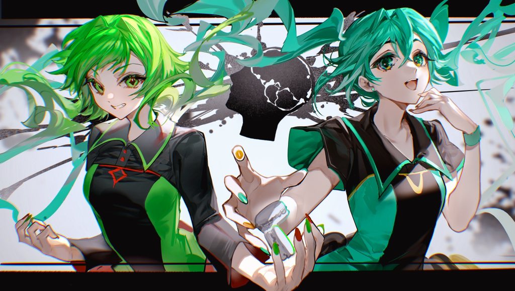 gumi ,hatsune miku multiple girls 2girls smile long hair twintails green hair green eyes  illustration images