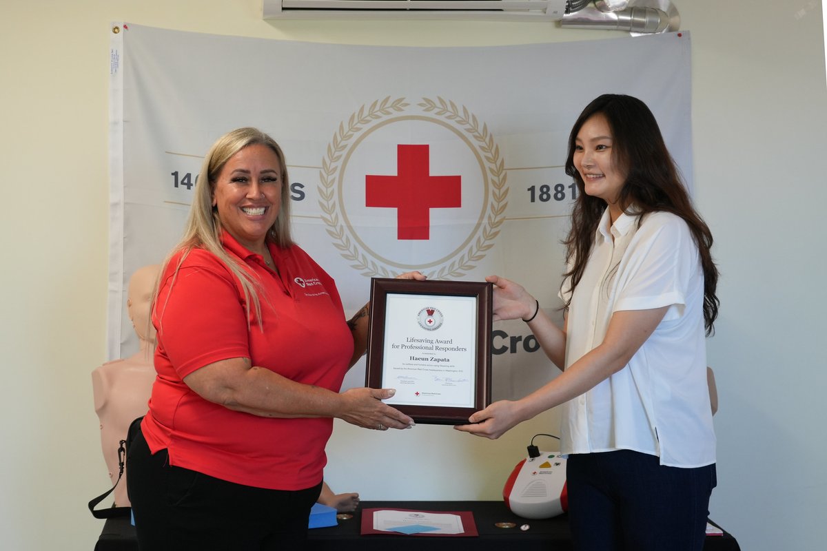 On Thursday, August 3 the Daegu American Red Cross presented Haeun Zapata, an employee of the Camp Walker Child Development Center, with the American Red Cross Lifesaving Award for Professional Responders for her quick action to help save the life of a child. Thank you Haeun!