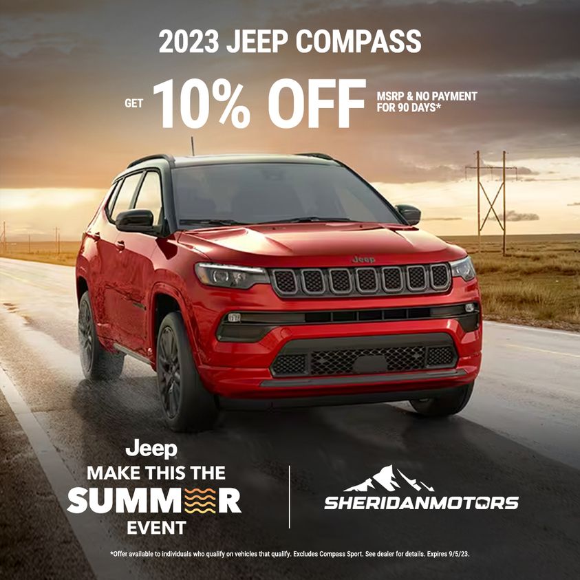 SheridanCDJR's tweet photo. Now is the time to get 10% off MSRP with no payments for 90 days on a 2023 #JeepCompass during our Make This The Summer Event at Sheridan Motors!

Shop Now: https://t.co/AQov99hrrJ https://t.co/CQdAkqEHiZ