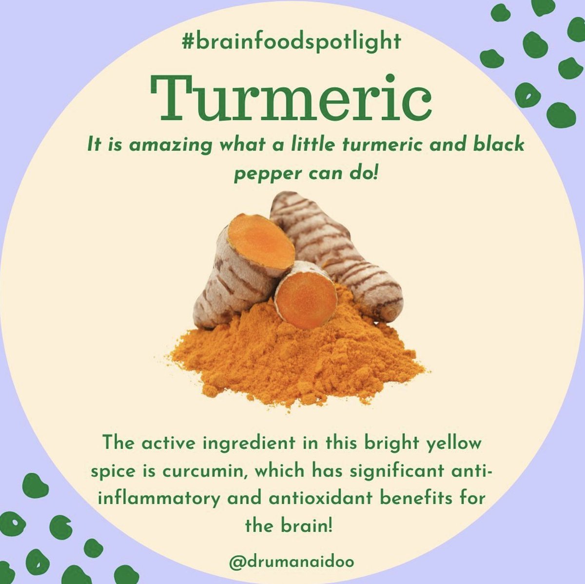 DrUmaNaidoo's tweet image. As a nutritional psychiatrist, turmeric is one of my go-to spices -- for my own cooking and for dietary interventions for my patients. Curcumin, the active ingredient in turmeric, is an antioxidant and anti-inflammatory compound that has a many potential health benefits. 🫚🌞