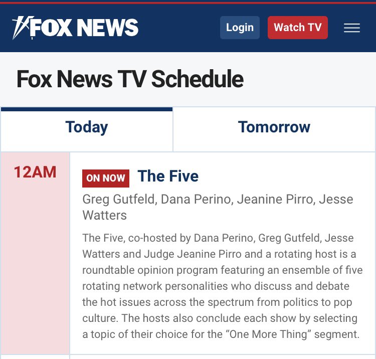 Scoopbrady's tweet photo. @LindaDee @FoxNews Yeah, even their own programming page shows the five is supposed to be on right now (while we are watching Hannity). But it’s cool I like @seanhannity https://t.co/T86xUo10nU