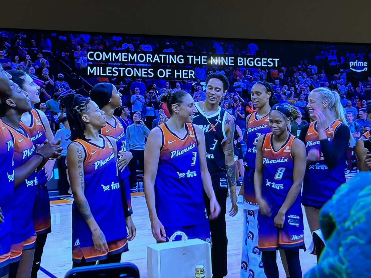 alexaphilippou's tweet photo. Brittney Griner has missed the last three Mercury games due to mental health reasons, but made it out to celebrate teammate Diana Taurasi for hitting 10,000 career points, wearing a DT3 jersey and celebrating with the rest of the squad https://t.co/zccktLVK6o