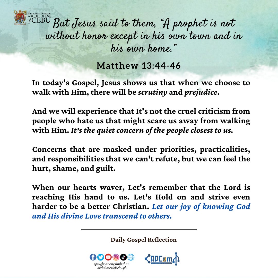 sugbosimbahan's tweet photo. Jesus said to them, “A prophet is not without honor except in his own town and in his own home.”

Today's Gospel: Matthew 13:54-58 https://t.co/oh9EIEqy3k