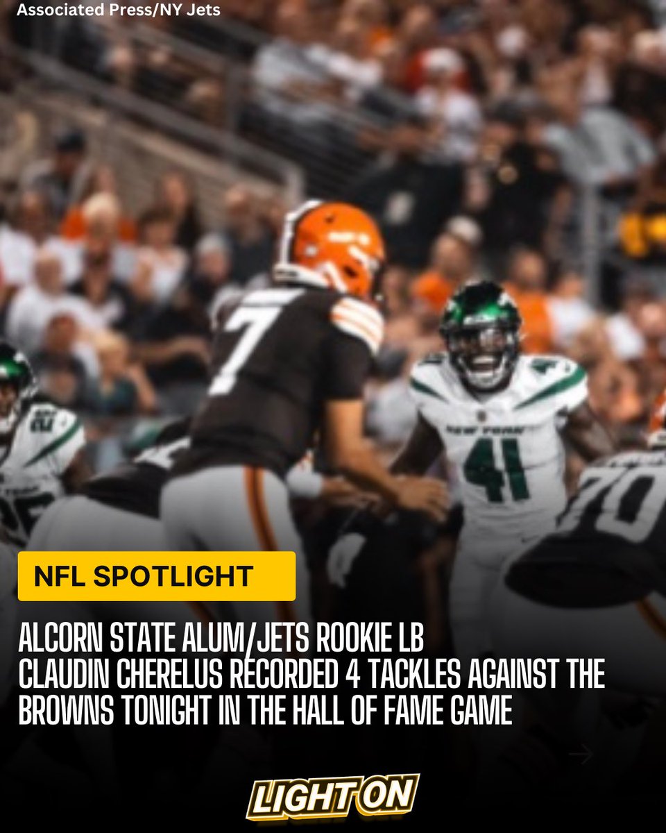 Alcorn State alum/Jets rookie LB Claudin Cherelus recorded 4 tackles against the Browns tonight in the Pro Football Hall of Fame Game. 🍢

📸: Associated Press/NY Jets