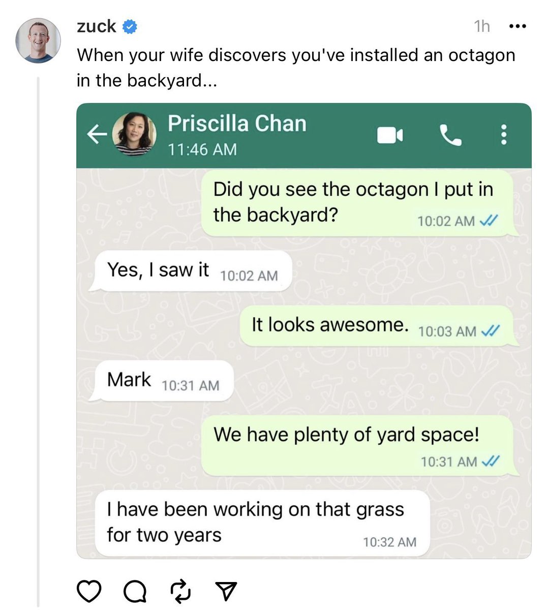 “I have been working on this grass for two years” 🌱🤣 Priscilla Chan, Mark Zuckerberg’s wife, passes the vibe check