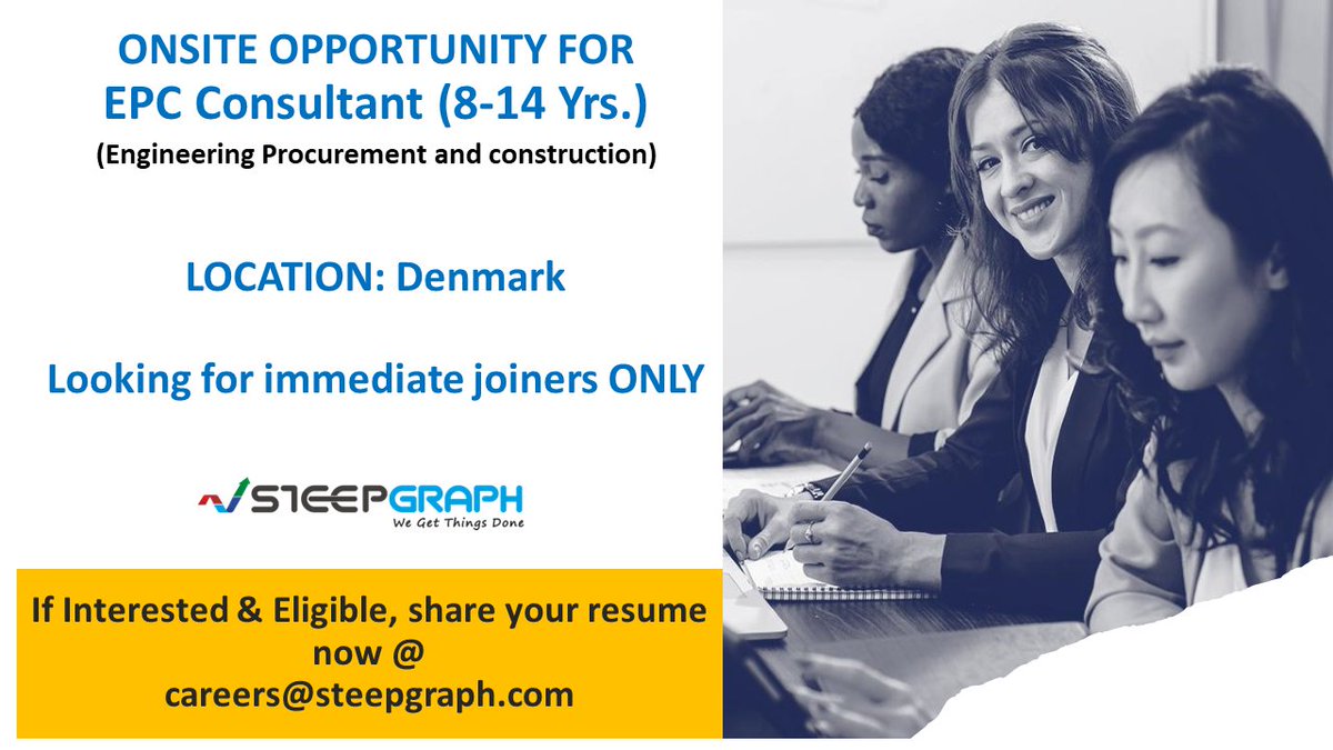 steepgraph's tweet image. #Hiring #hiringimmediately
We are looking for an immediate joiner for an onsite opportunity in 𝐃𝐞𝐧𝐦𝐚𝐫𝐤.

𝐊𝐞𝐲 𝐒𝐤𝐢𝐥𝐥𝐬:
· Experience in EPC and EPC Project Management
· Client Management
Please apply at careers@steepgraph.com