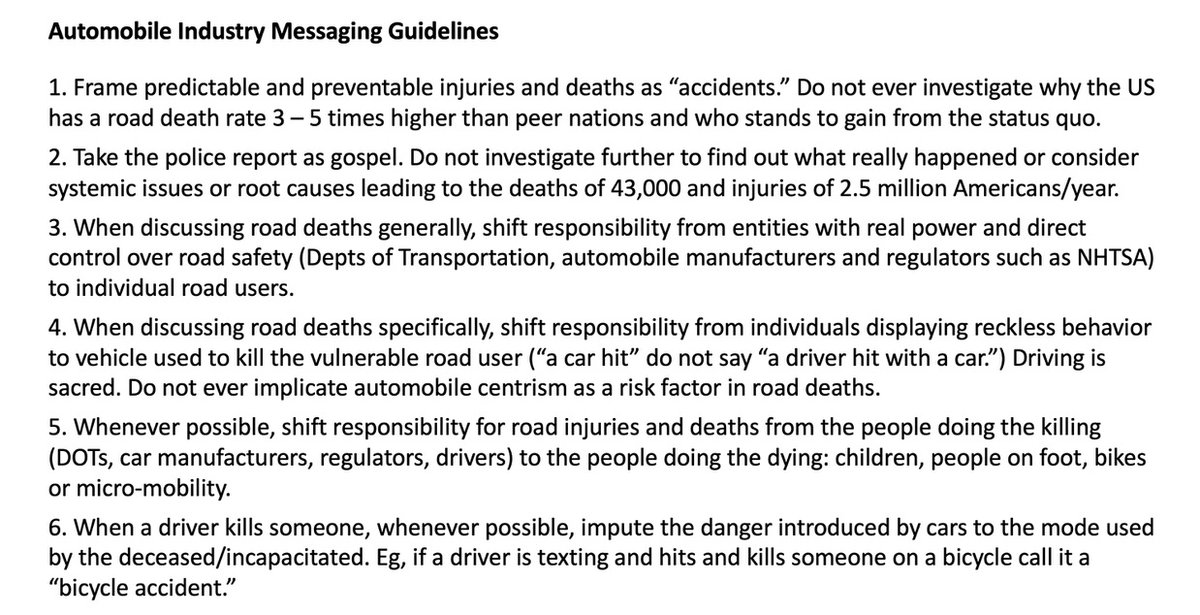 I put together a summary of motordom messaging guidelines. They may kill tens of thousands of people a year but they have message discipline. Every single one of the NY Times think pieces hits most, if not all of these points, especially 1, 5 and 6.