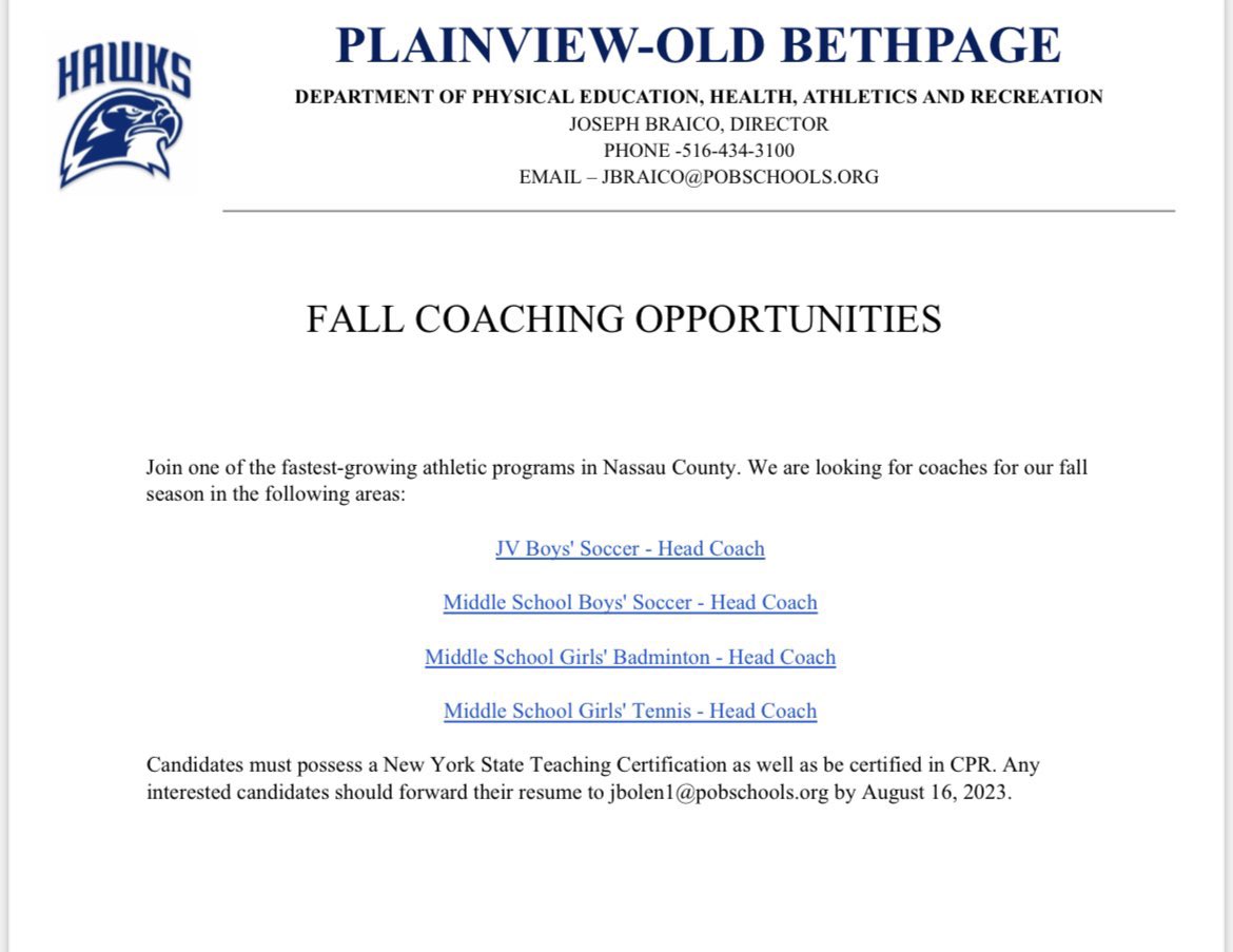 Coaching opportunities available for this fall at POB. Please reach out if you would like to be considered for a leadership position with one of the fastest growing athletic programs in Nassau County.