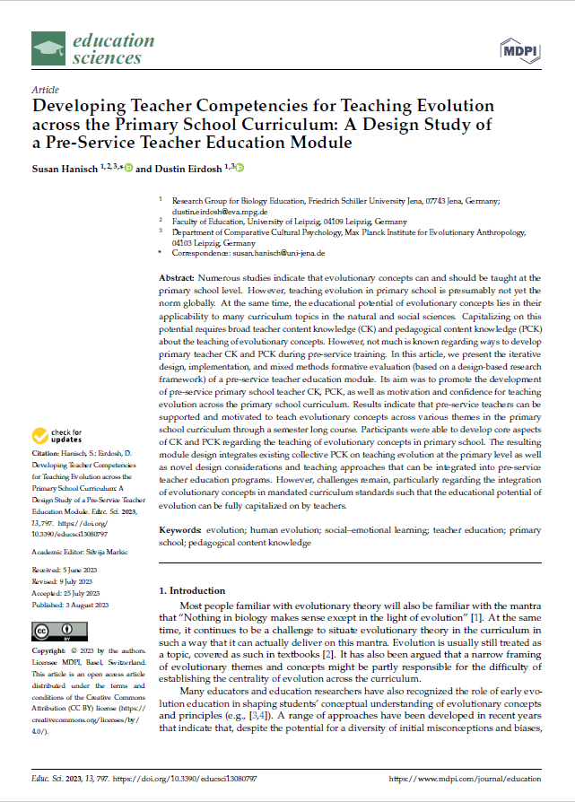 OpenEvoEd's tweet photo. Very happy to announce our latest publication!
We share a design study of a pre-service teacher education module for teaching evolution across the curriculum in primary school contexts! Connect with us if you want to run the module at your university.
 https://t.co/UZxebzux99 https://t.co/9ZtaCjk8Tn