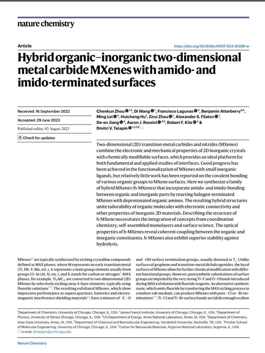 It's gratifying to see our work on organic-inorganic hybrid MXenes published in Nature Chemistry! rdcu.be/disTK We have demonstrated that dense carpers of various organic groups can be covalently attached to the surface of 2D MXenes through amido and imido bonds.