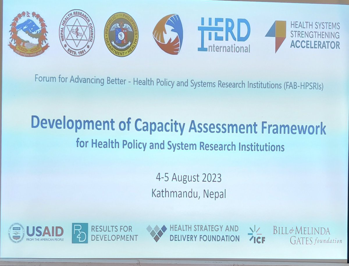 ghanshyamgt's tweet photo. Happening now:
Workshop on the development of capacity assessment framework for health policy and system research institutions- joint collaboration of NHRC and @HERDINT
#HPSR
#HPSRIS
#NEPAL
@Results4dev
@AccelerateHSS
@AIHO_PH
@HERDIntl https://t.co/ROSvPa5iwE