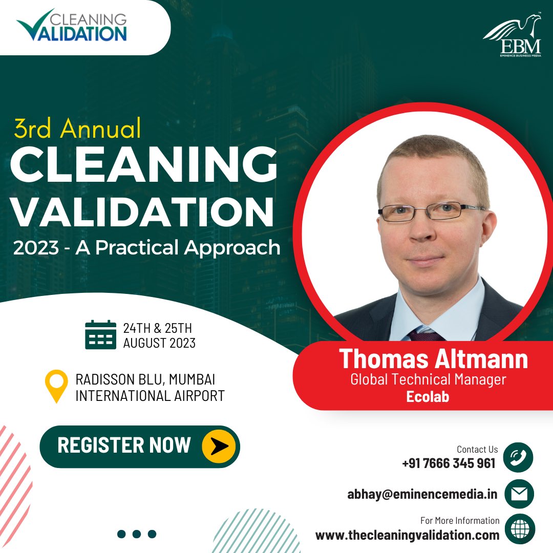 eminence_group9's tweet photo. Gain knowledge and insights from the industry's top experts, let’s welcome on board our keynote address speaker Thomas Altman at the 3rd Annual Cleaning Validation 2023 - A Practical Approach 

Grab your seats today!

#eminencebusinessmedia #ebmcv #ebmcv3 #ebmcleaningvalidation https://t.co/Z3uBjBINqC