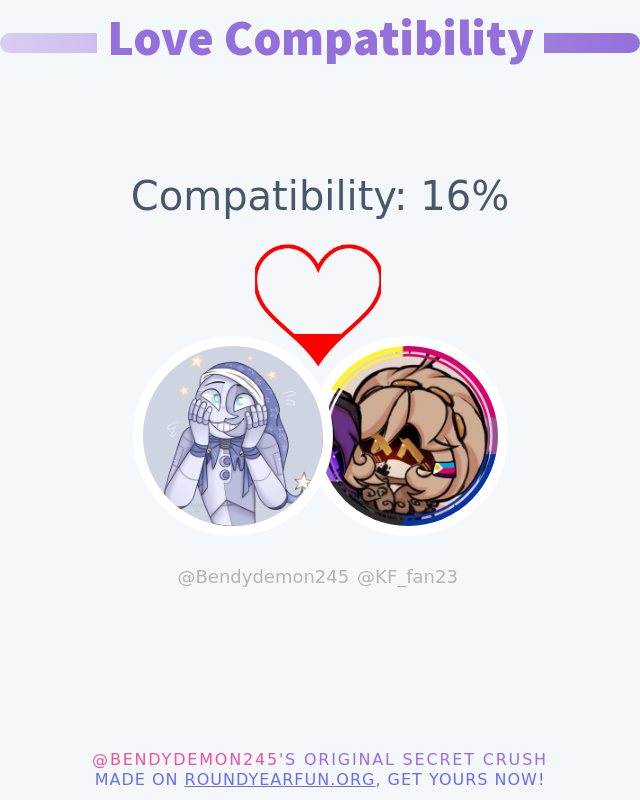My love compatibility with @KF_fan23 is 16%

➡️ twitterfun.games/lovecalculator