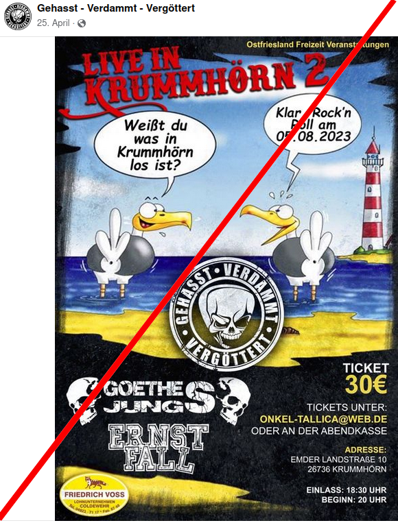 AfaNord's tweet photo. Mit dem Name "#Ostfriesland Freizeit Veranstaltungen" ist am 5.8.23 eine #Neonazi-Veranstaltung in der #Krummhörn geplant. Begleitet vom "Nordland Sanitätsdienst" sollte "Gehasst-Verdammt-Vergöttert" erneut beim Unternehmer "Friedrich Voß" auftreten.1/x
#NoNazis #Canum #Combat18 https://t.co/rzq9wHtXtk