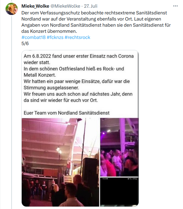 AfaNord's tweet photo. Mit dem Name "#Ostfriesland Freizeit Veranstaltungen" ist am 5.8.23 eine #Neonazi-Veranstaltung in der #Krummhörn geplant. Begleitet vom "Nordland Sanitätsdienst" sollte "Gehasst-Verdammt-Vergöttert" erneut beim Unternehmer "Friedrich Voß" auftreten.1/x
#NoNazis #Canum #Combat18 https://t.co/rzq9wHtXtk