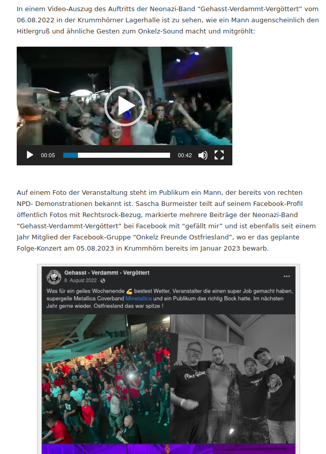 AfaNord's tweet photo. Am 6.8.22 zeigte ein Mann bei der #Neonazi-Band den #Hitlergruß. Neben Band-Verbindungen zu #Combat18 gehörten Veranstalter, Security & Sanitätsdienst der #Neonazi-Szene an. Öffentlich kritisiert, ist vom Programm nichts mehr übrig. 2/x
#NoNazis #Ostfriesland #Canum #Hammerskins https://t.co/ifAK7Kk6Sa