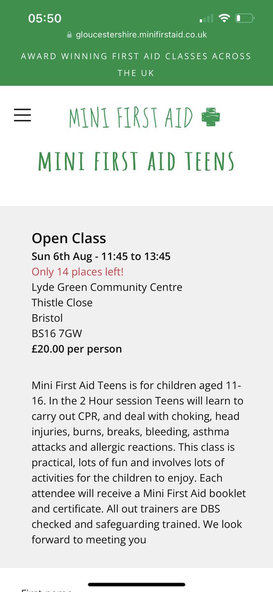 A First Aid class for Teens happening this Sunday in #BRISTOL  for more information click the link gloucestershire.minifirstaid.co.uk/classes/open/1…